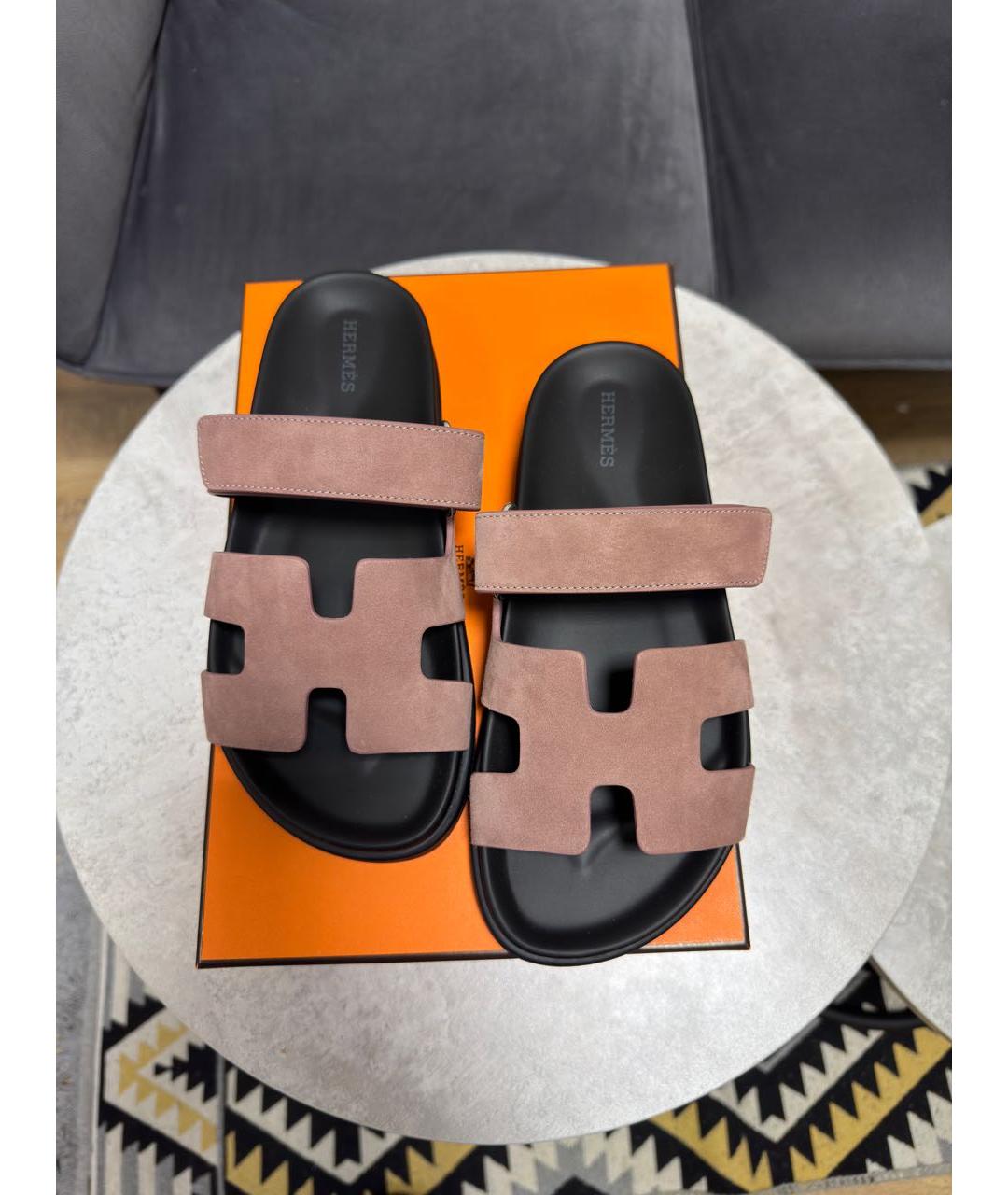 HERMES Розовые замшевые шлепанцы, фото 2