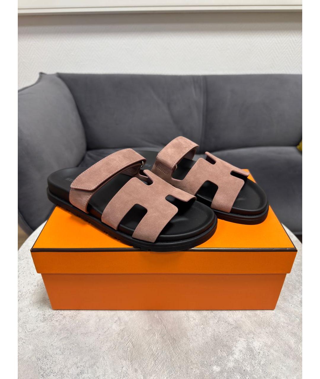HERMES Розовые замшевые шлепанцы, фото 6