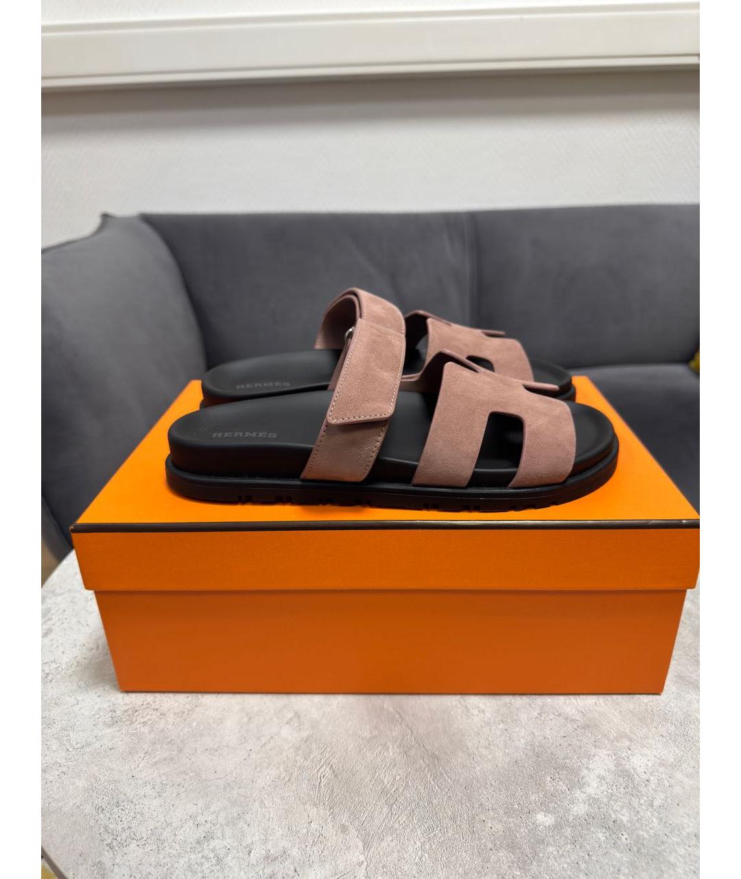 HERMES Розовые замшевые шлепанцы, фото 8