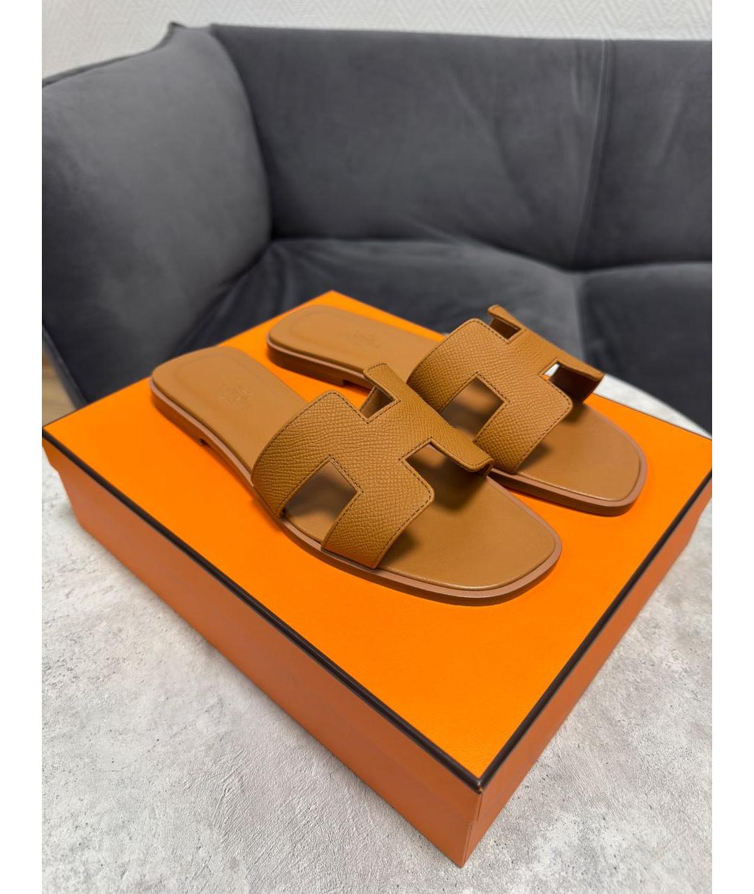 HERMES Коричневые кожаные шлепанцы, фото 4