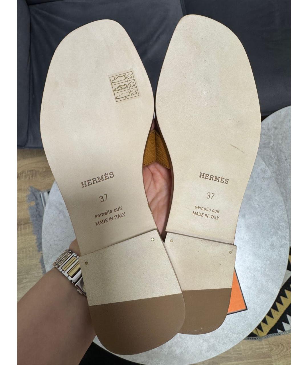 HERMES Коричневые кожаные шлепанцы, фото 5