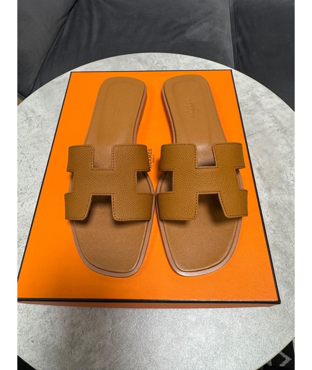 HERMES Коричневые кожаные шлепанцы, фото 2
