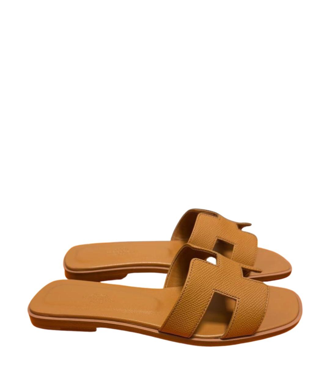 HERMES Коричневые кожаные шлепанцы, фото 1