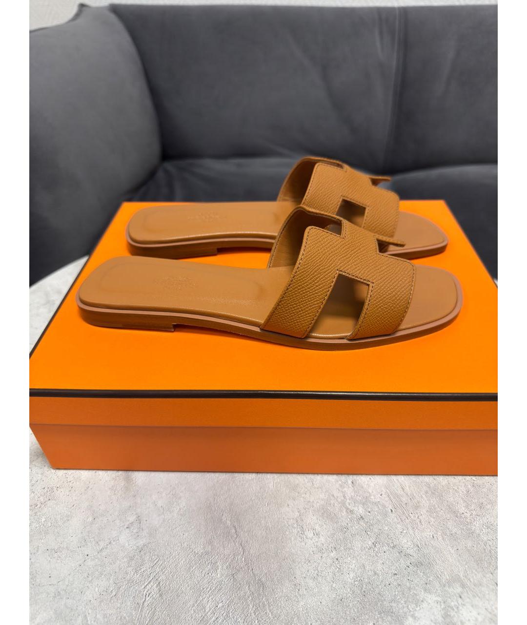 HERMES Коричневые кожаные шлепанцы, фото 6