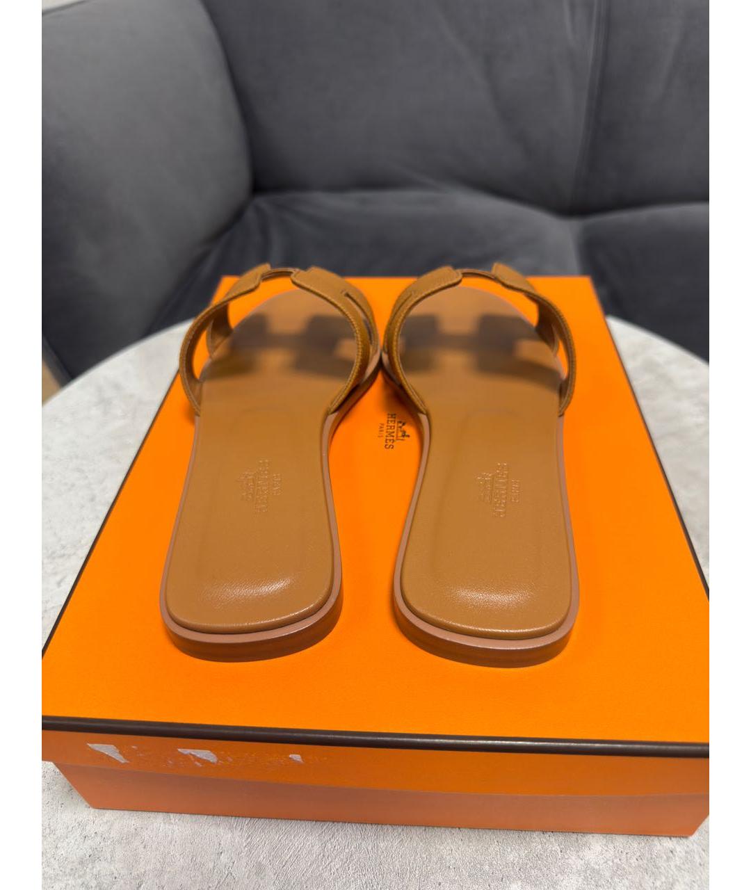 HERMES Коричневые кожаные шлепанцы, фото 3