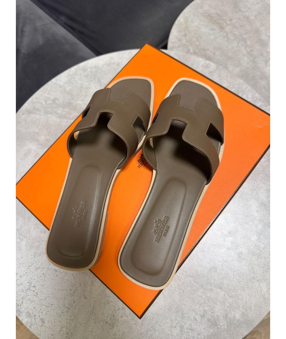 HERMES Коричневые кожаные шлепанцы, фото 3
