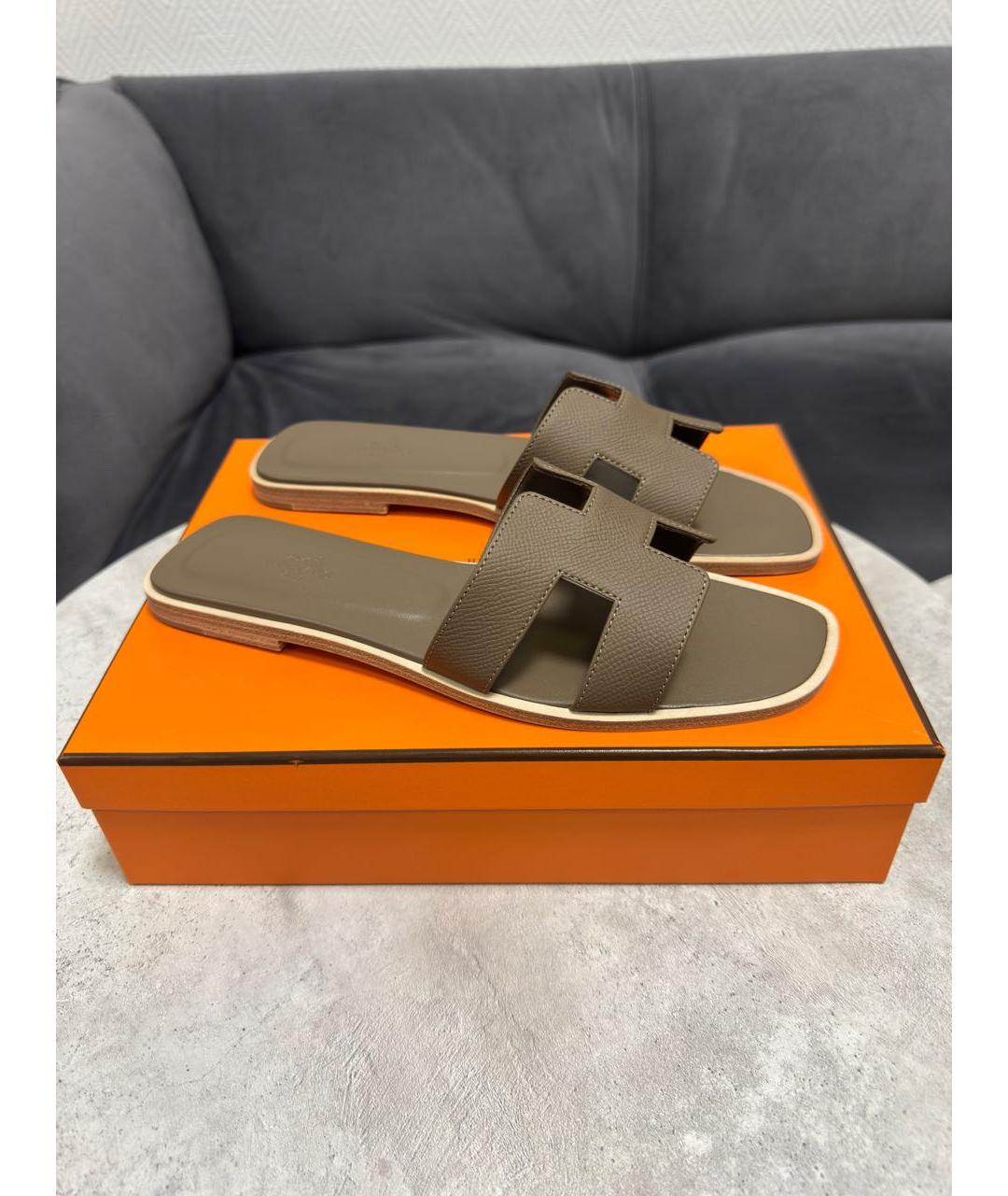 HERMES Коричневые кожаные шлепанцы, фото 6