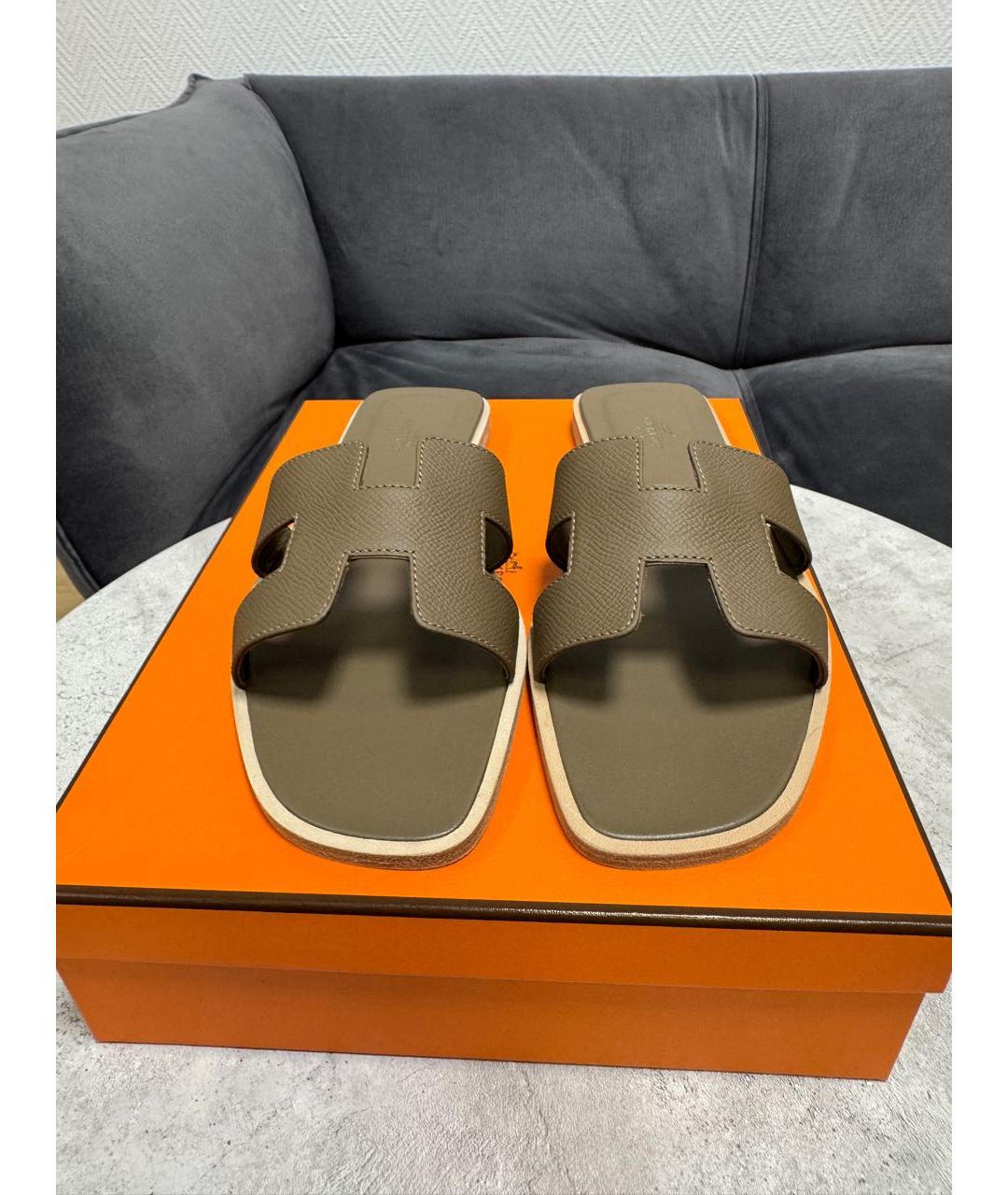 HERMES Коричневые кожаные шлепанцы, фото 4