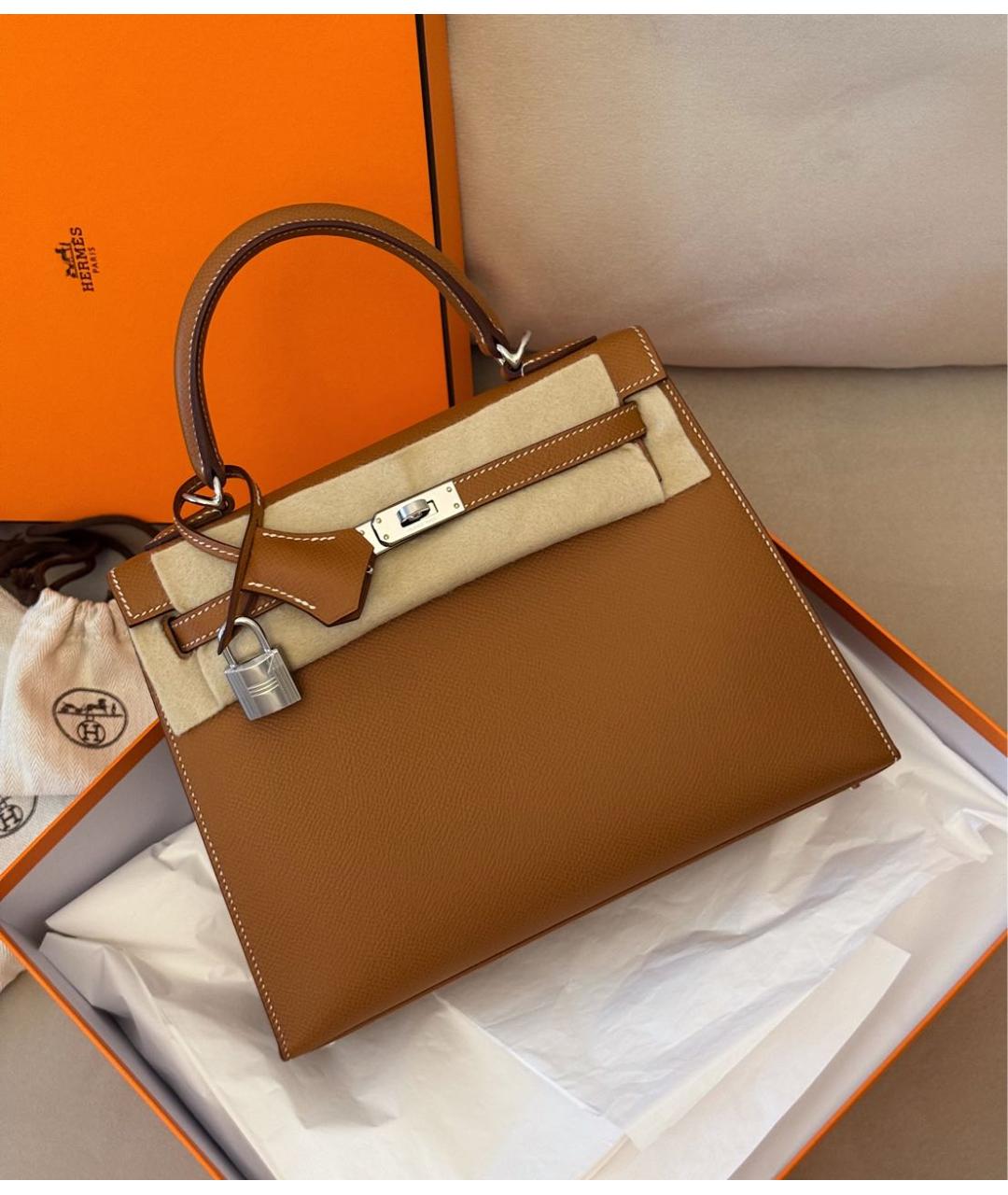 HERMES Коричневая кожаная сумка с короткими ручками, фото 2