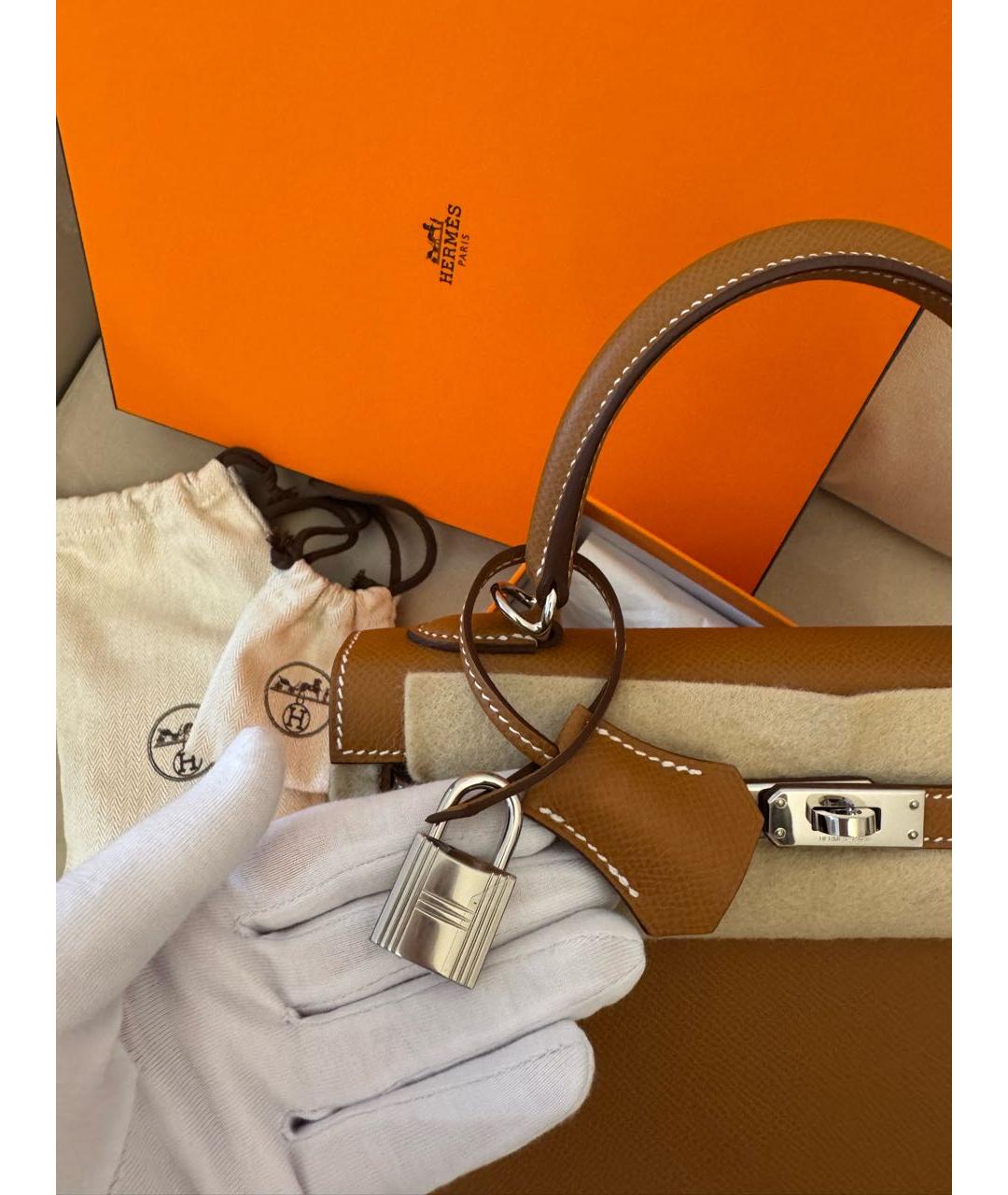 HERMES Коричневая кожаная сумка с короткими ручками, фото 6