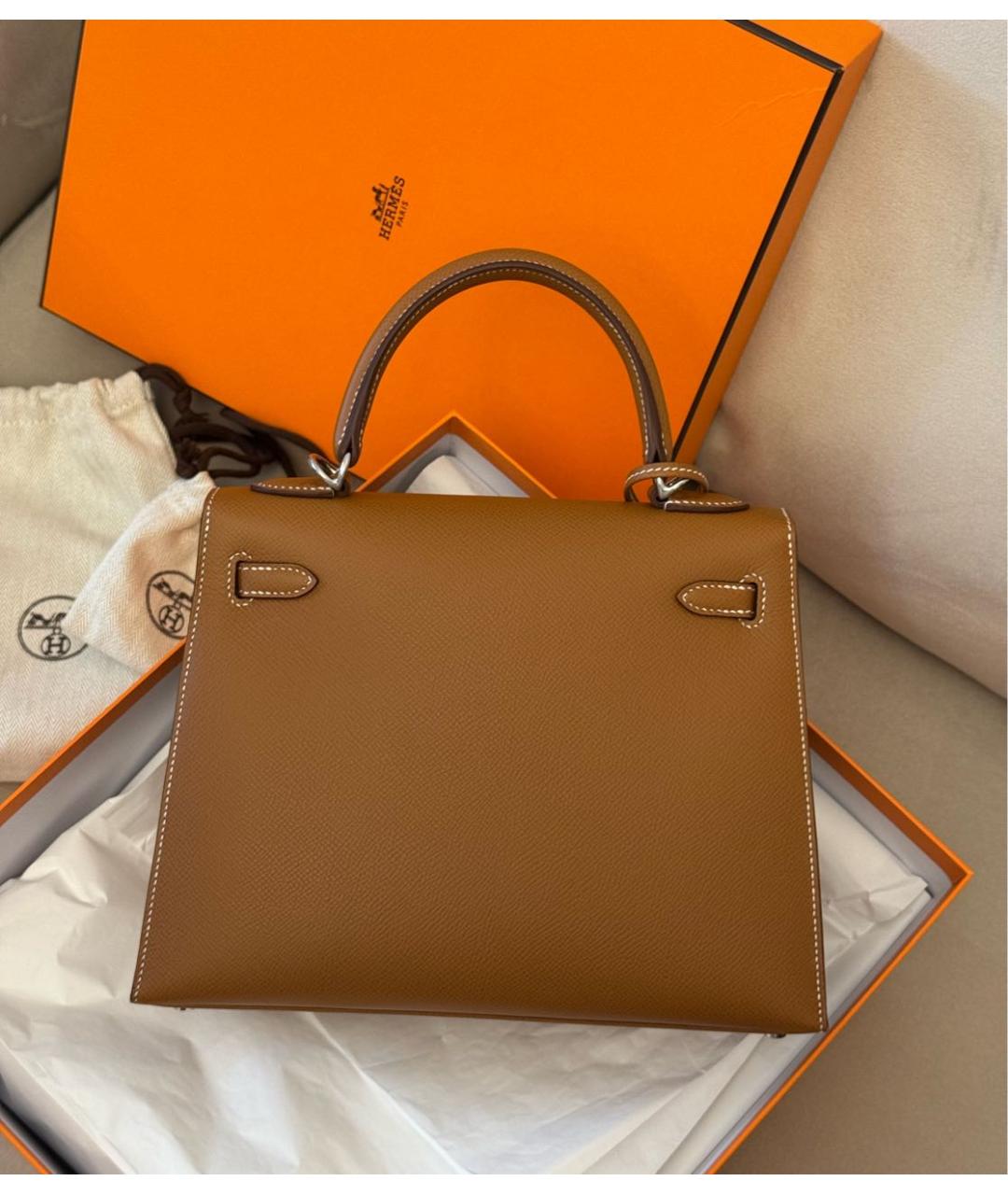HERMES Коричневая кожаная сумка с короткими ручками, фото 5