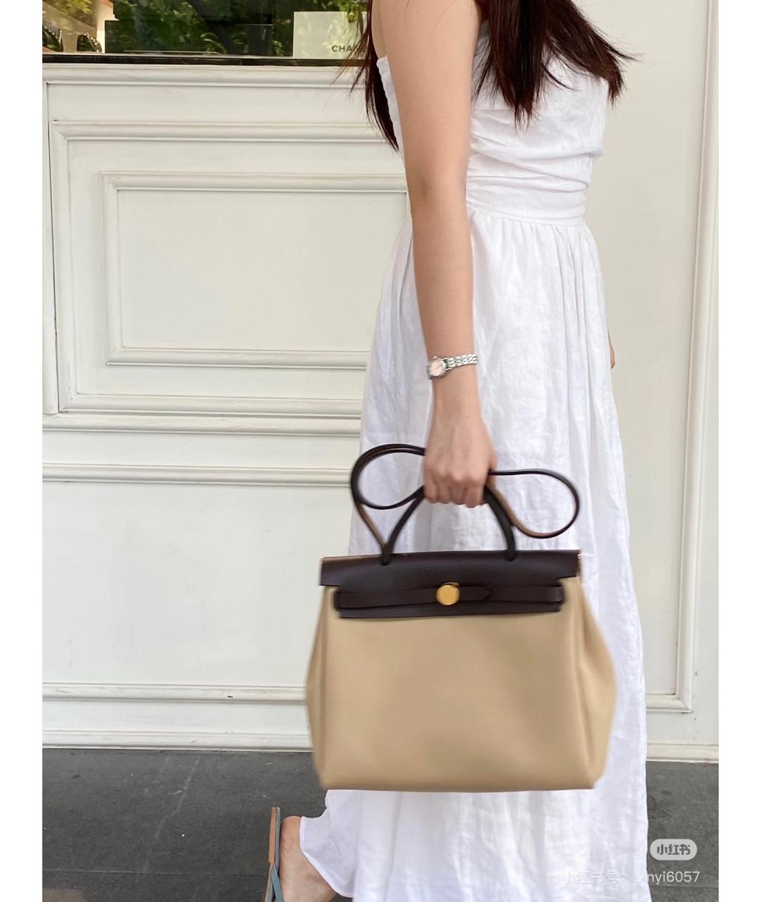 HERMES Бежевая тканевая сумка через плечо, фото 5