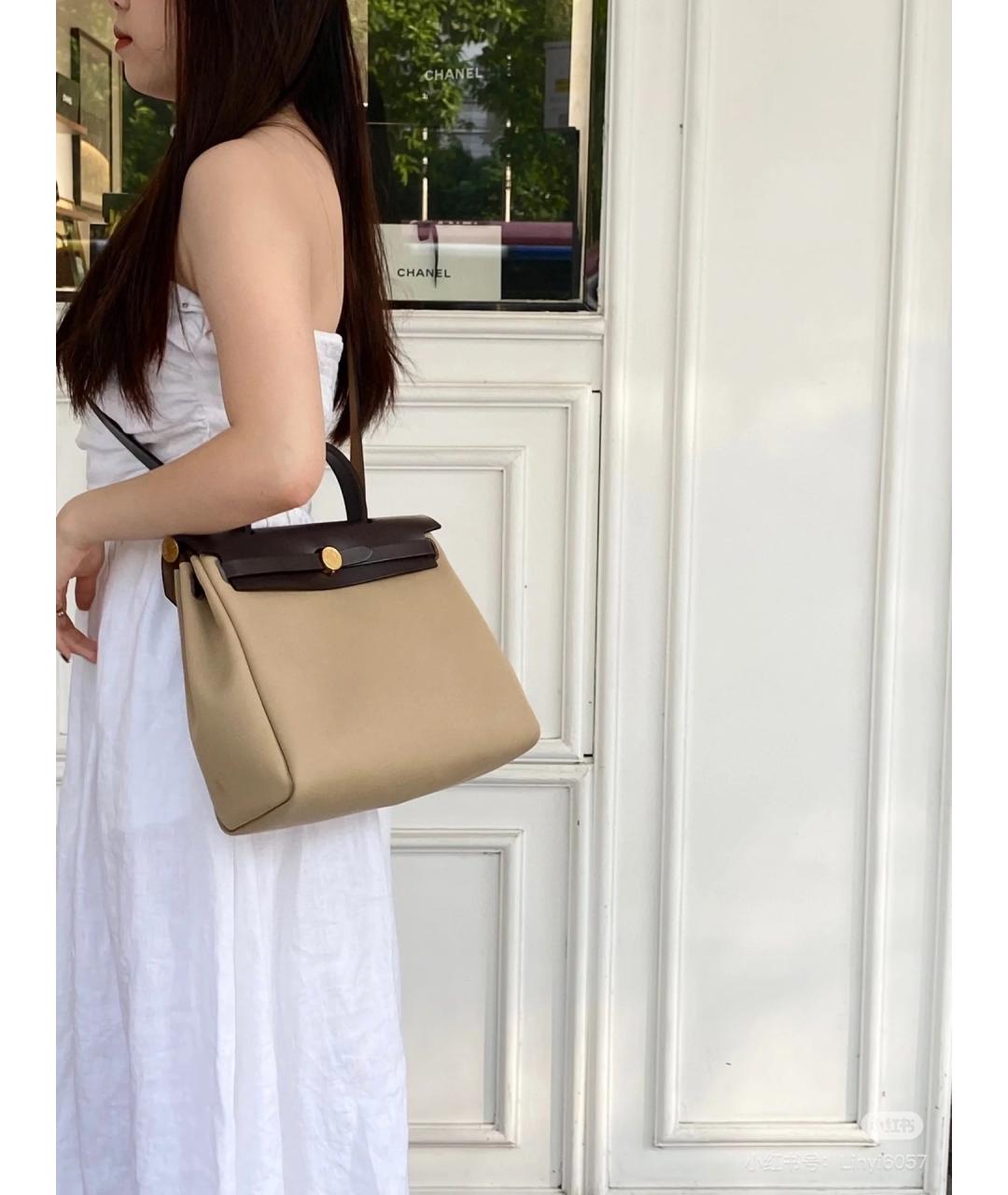 HERMES Бежевая тканевая сумка через плечо, фото 6