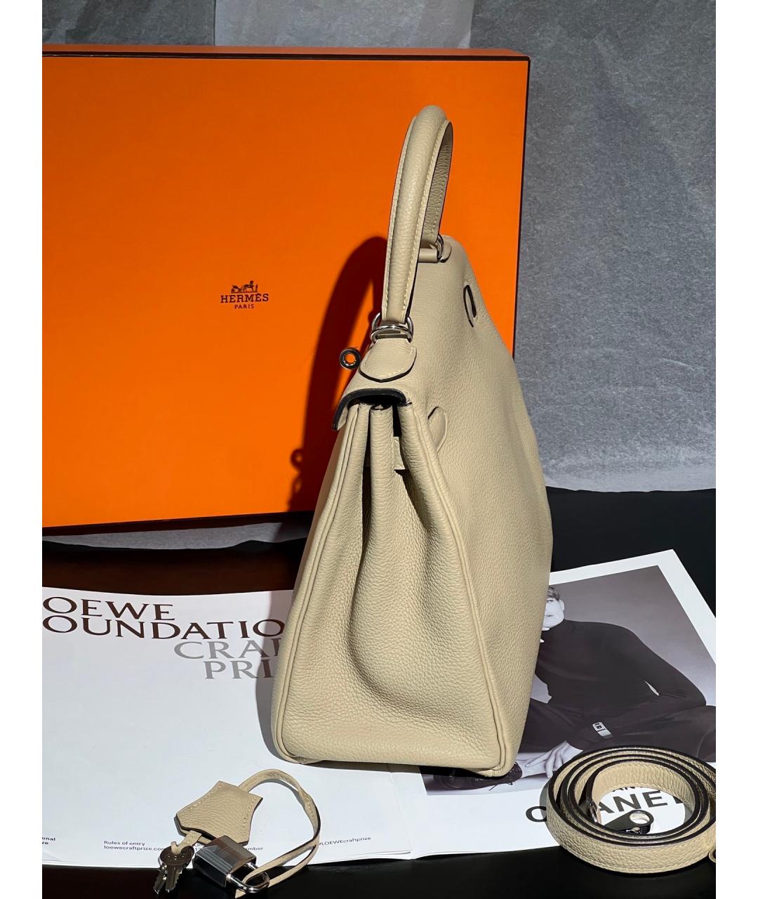 HERMES Бежевая кожаная сумка с короткими ручками, фото 4