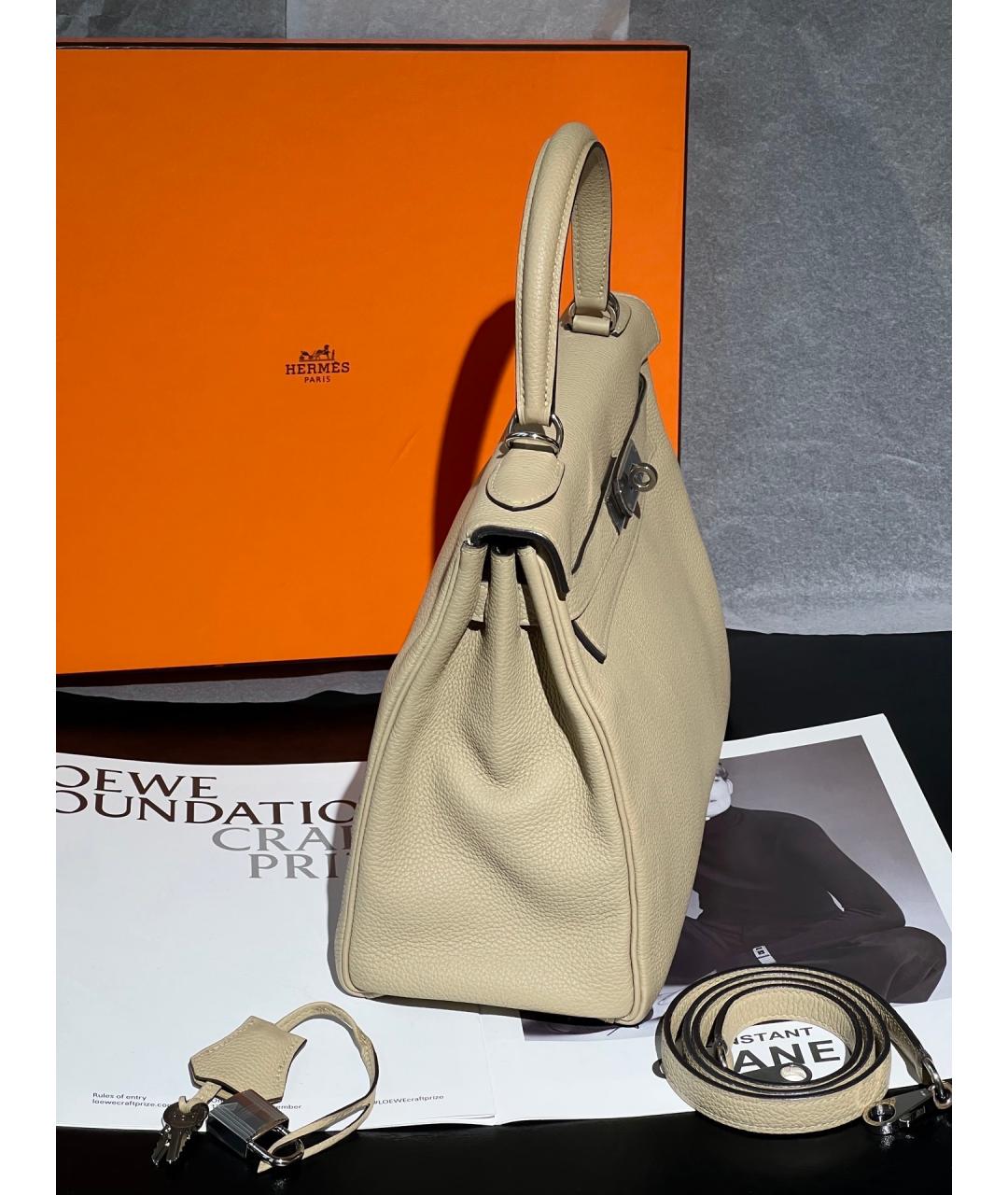 HERMES Бежевая кожаная сумка с короткими ручками, фото 3