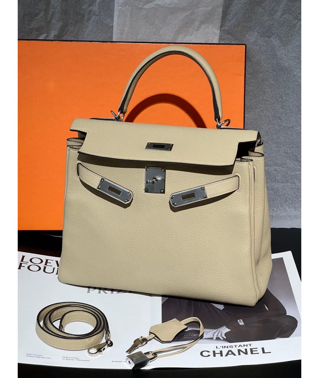 HERMES Бежевая кожаная сумка с короткими ручками, фото 6