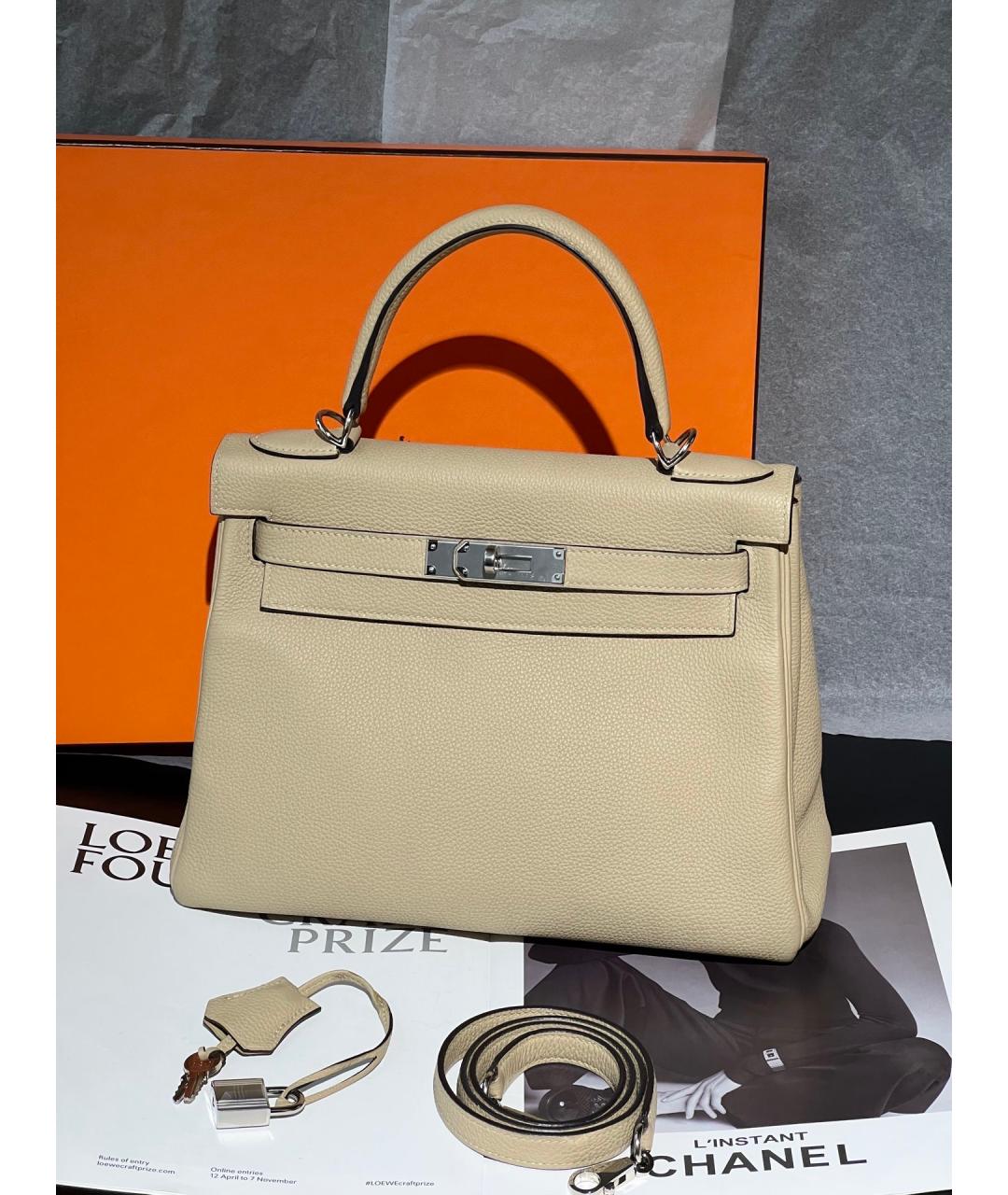 HERMES Бежевая кожаная сумка с короткими ручками, фото 9