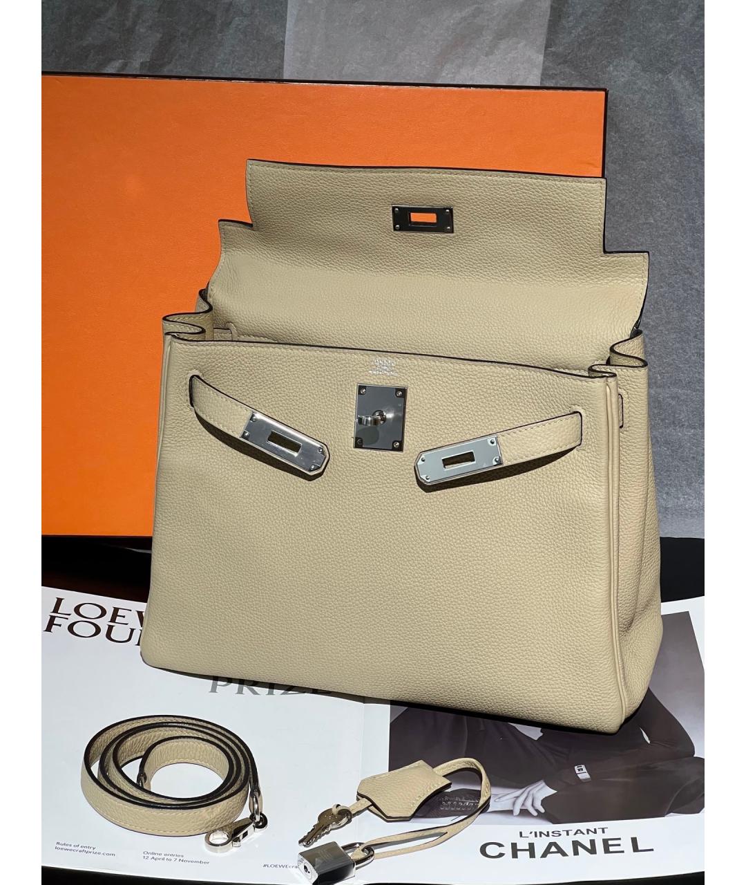 HERMES Бежевая кожаная сумка с короткими ручками, фото 7