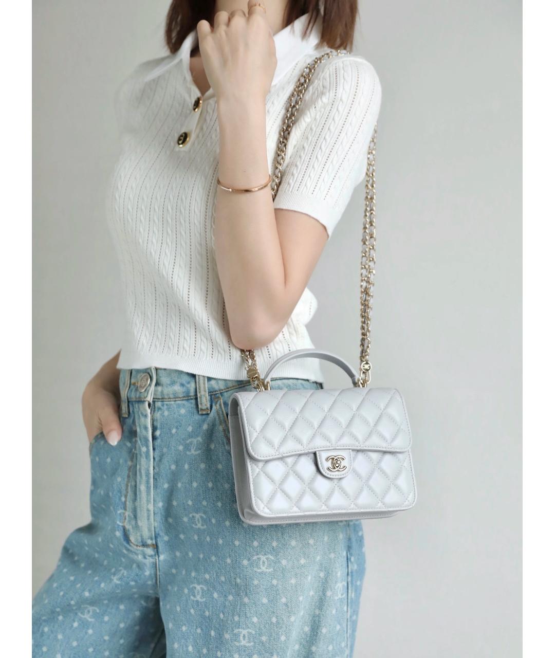 CHANEL Серая кожаная сумка с короткими ручками, фото 5