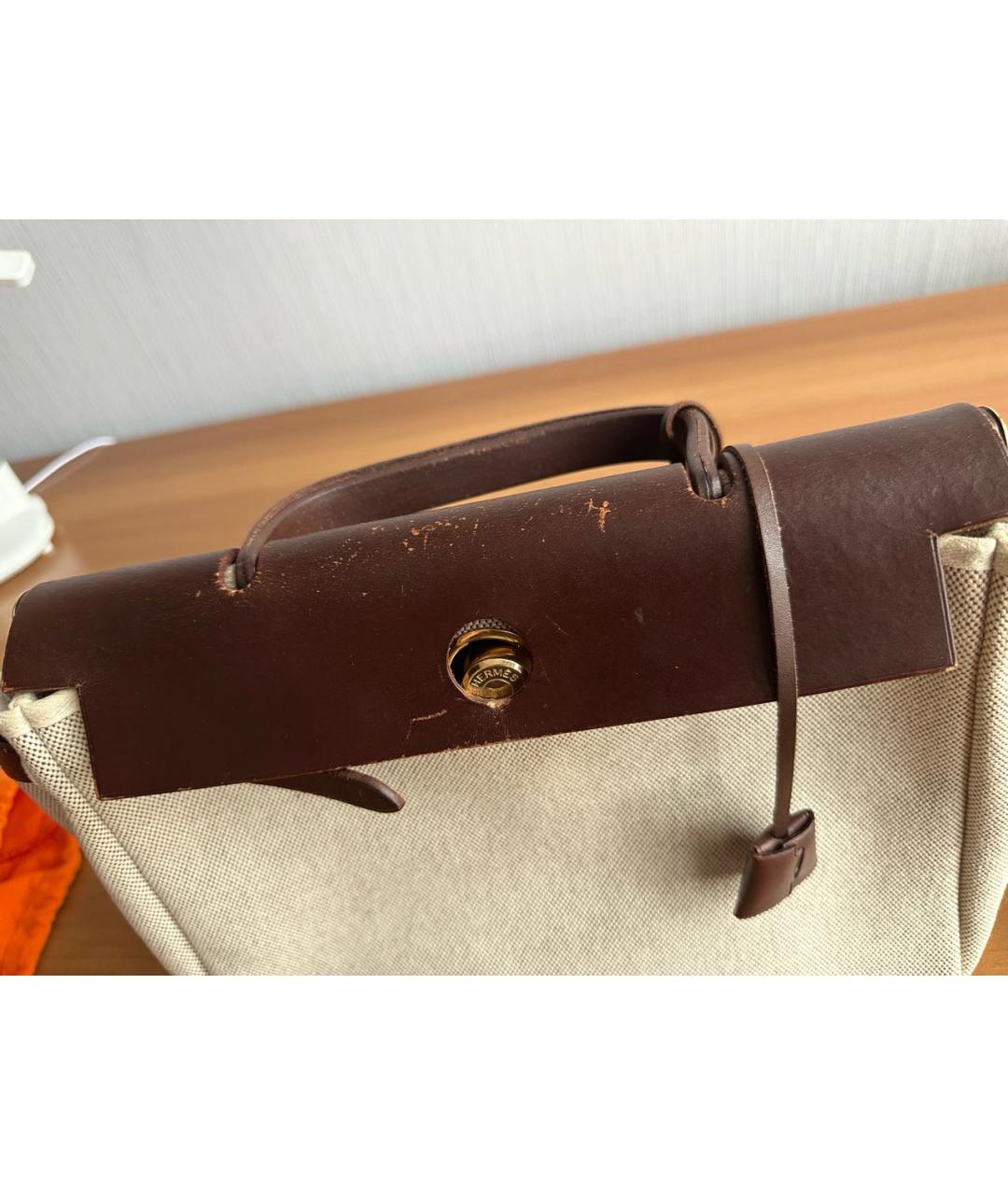 HERMES Бежевая тканевая сумка с короткими ручками, фото 5