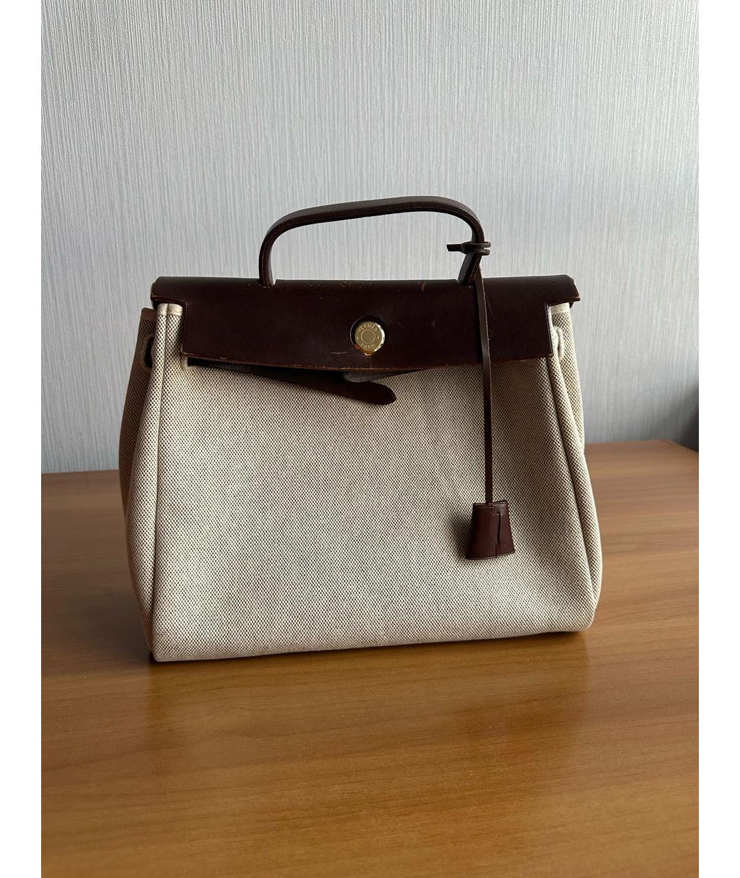 HERMES Бежевая тканевая сумка с короткими ручками, фото 7