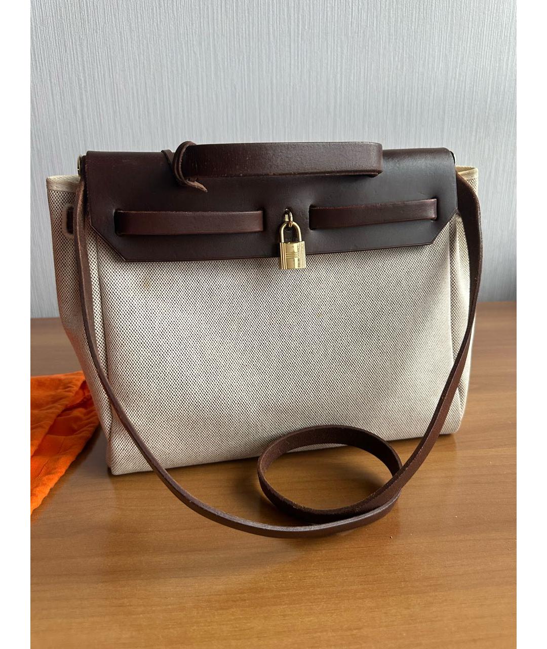 HERMES Бежевая тканевая сумка с короткими ручками, фото 2