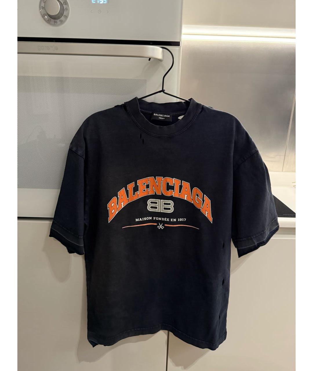 BALENCIAGA Темно-синяя хлопковая футболка, фото 7