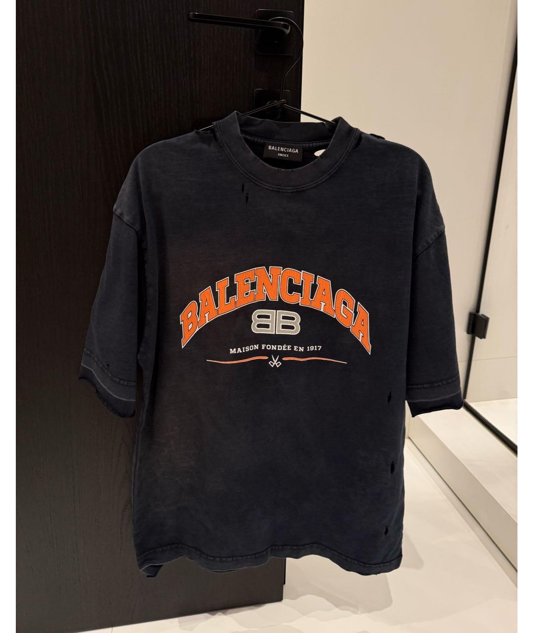 BALENCIAGA Темно-синяя хлопковая футболка, фото 4