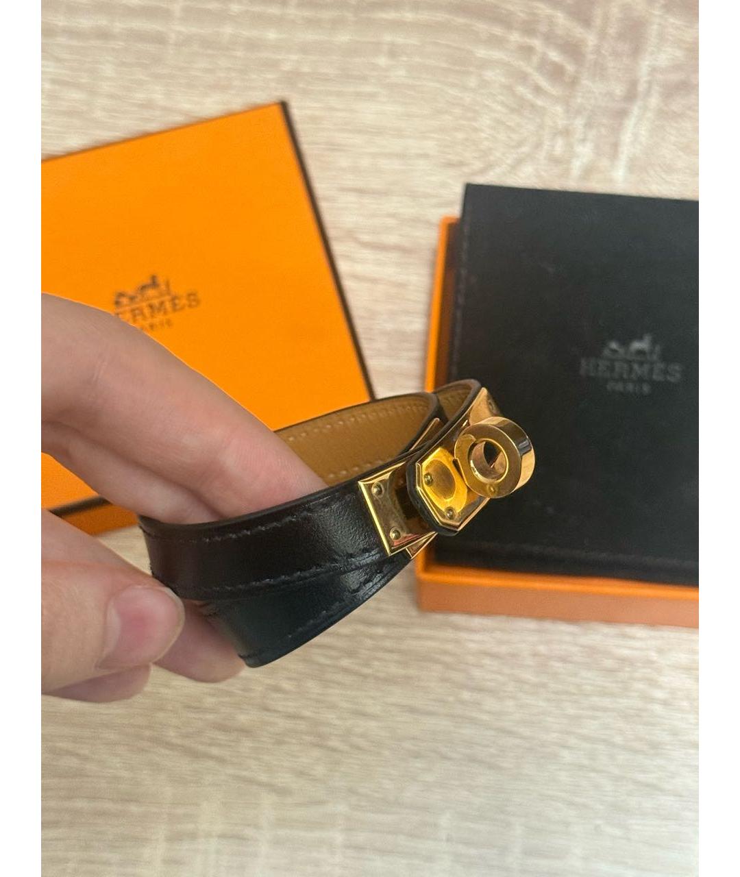 HERMES Черный кожаный браслет, фото 4
