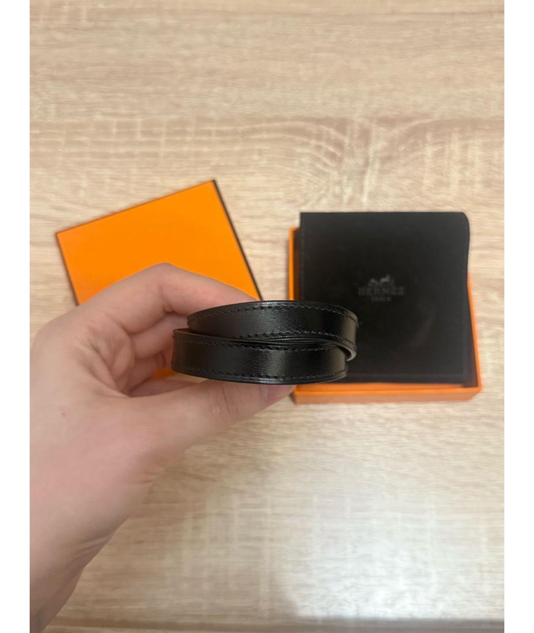 HERMES Черный кожаный браслет, фото 3