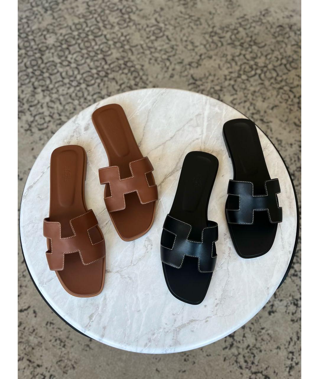 HERMES Коричневые кожаные шлепанцы, фото 3