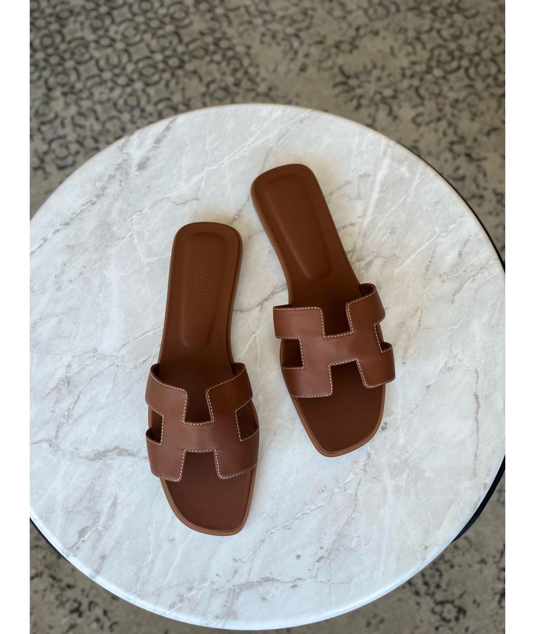 HERMES Коричневые кожаные шлепанцы, фото 2