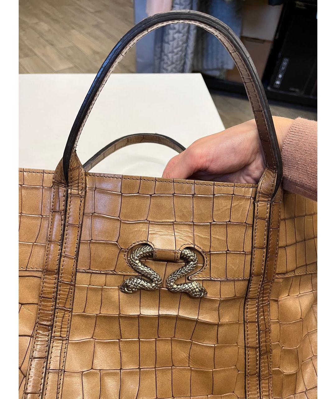 ROBERTO CAVALLI Коричневая кожаная сумка тоут, фото 7