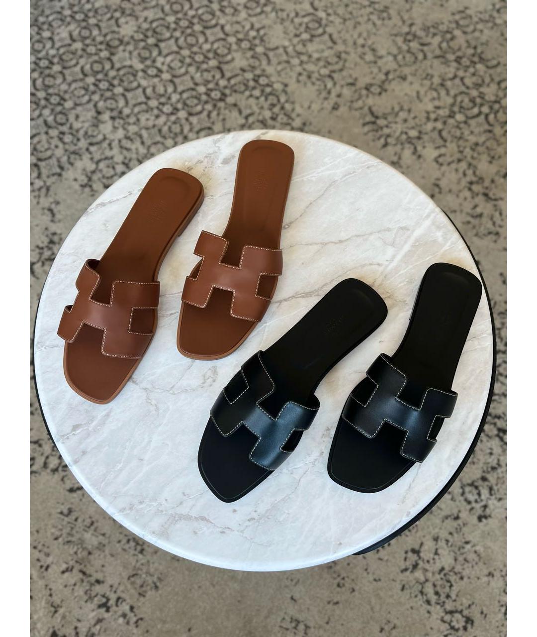 HERMES Черные кожаные шлепанцы, фото 3