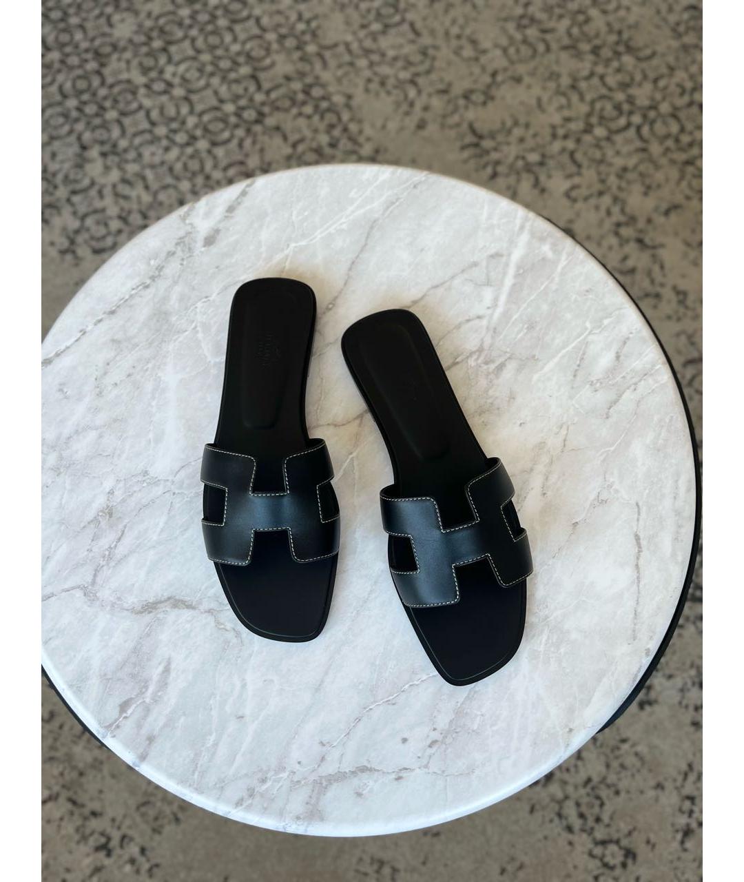 HERMES Черные кожаные шлепанцы, фото 2