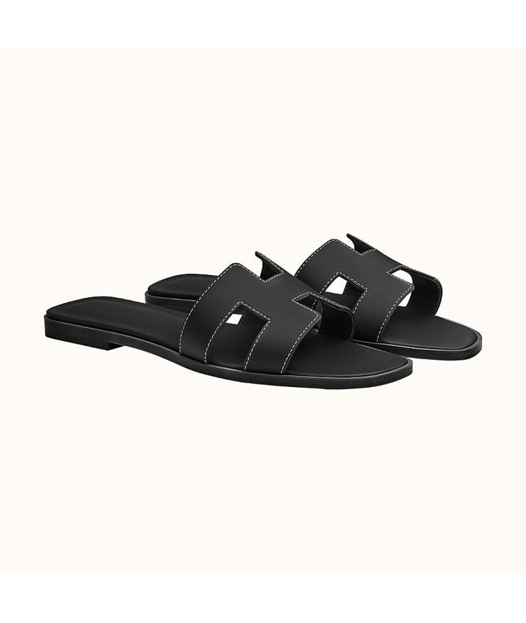 HERMES Черные кожаные шлепанцы, фото 4