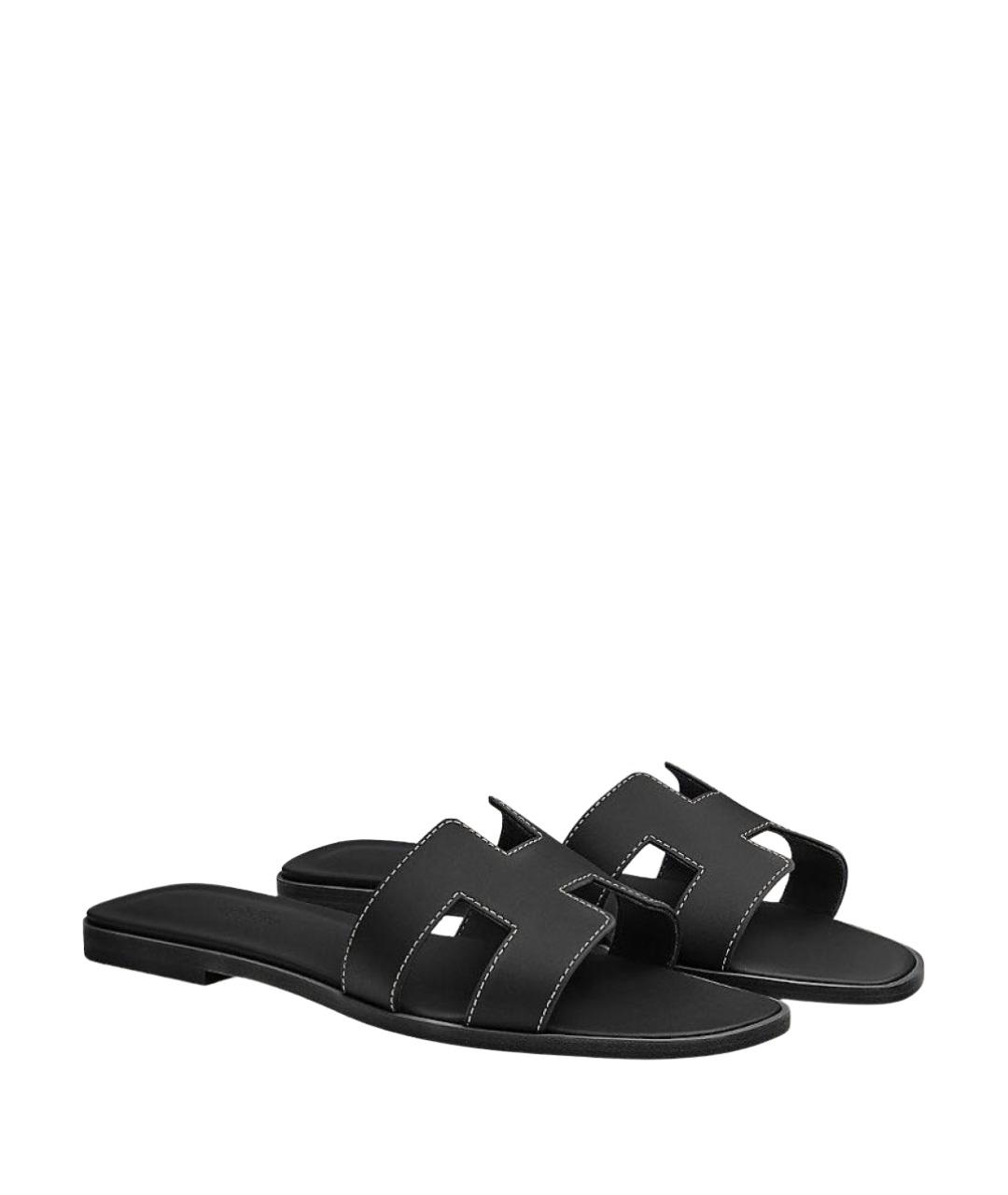 HERMES Черные кожаные шлепанцы, фото 5