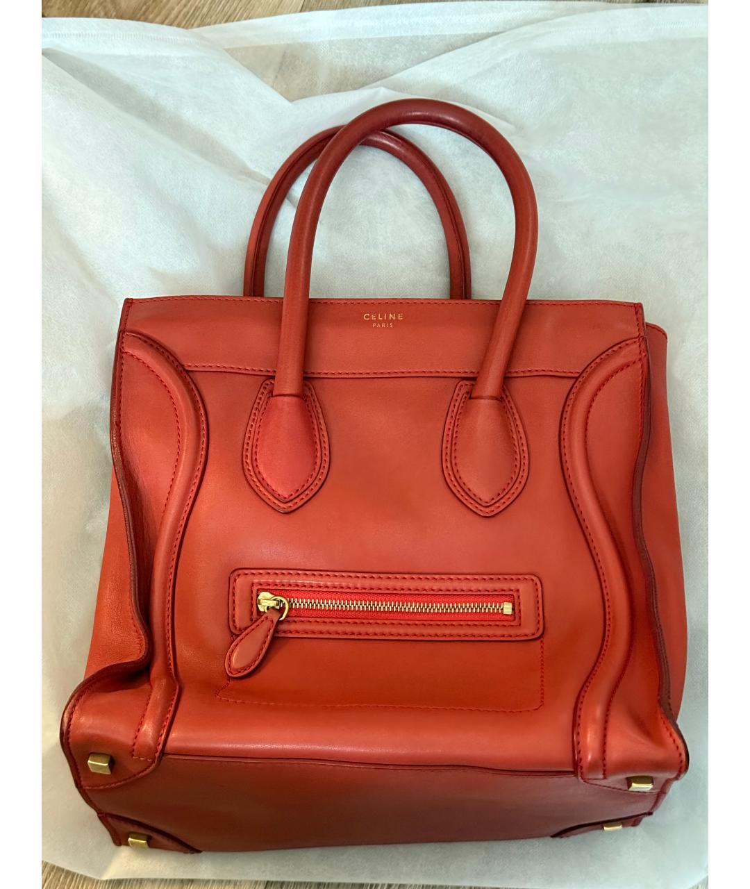CELINE Коралловая кожаная сумка с короткими ручками, фото 9