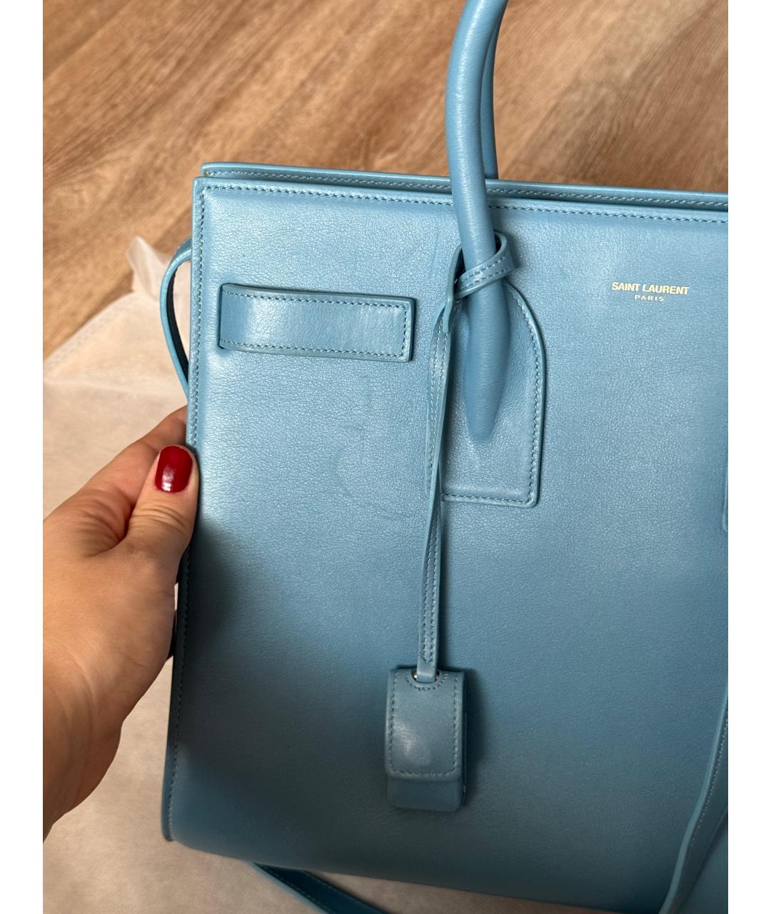 SAINT LAURENT Голубая кожаная сумка с короткими ручками, фото 5