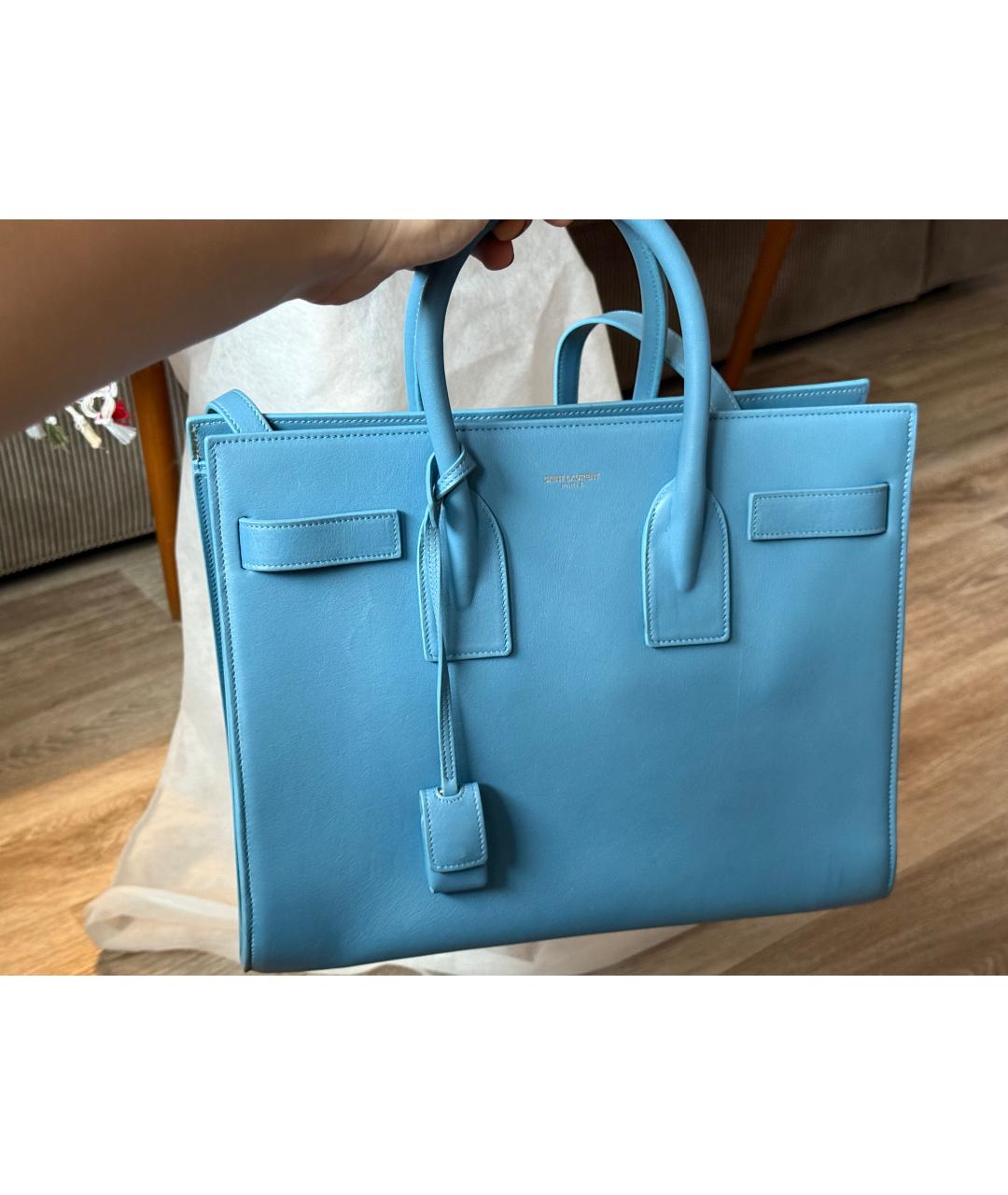 SAINT LAURENT Голубая кожаная сумка с короткими ручками, фото 10