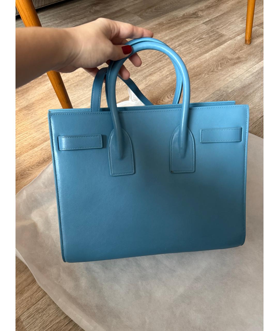 SAINT LAURENT Голубая кожаная сумка с короткими ручками, фото 3