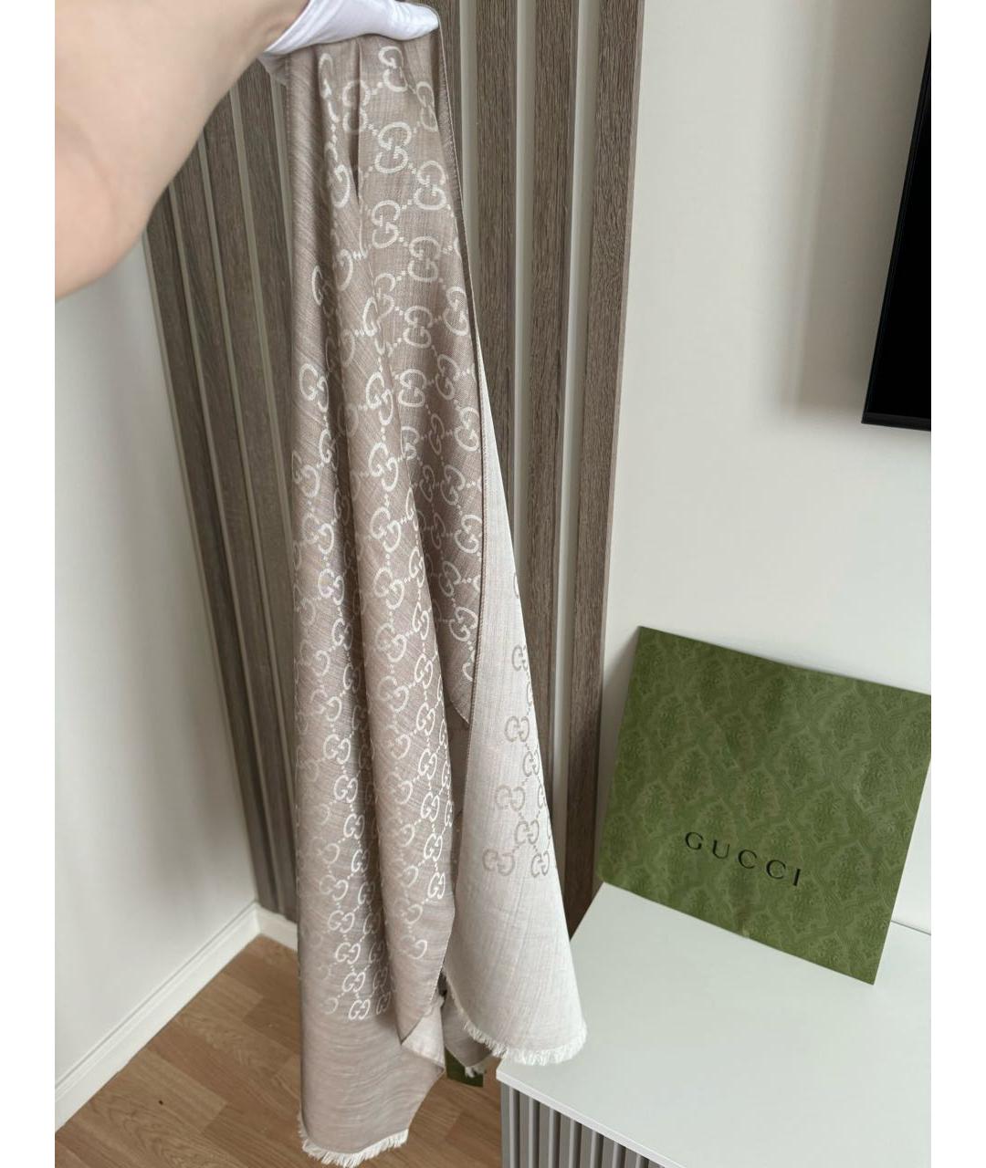 GUCCI Бежевый шерстяной шарф, фото 4