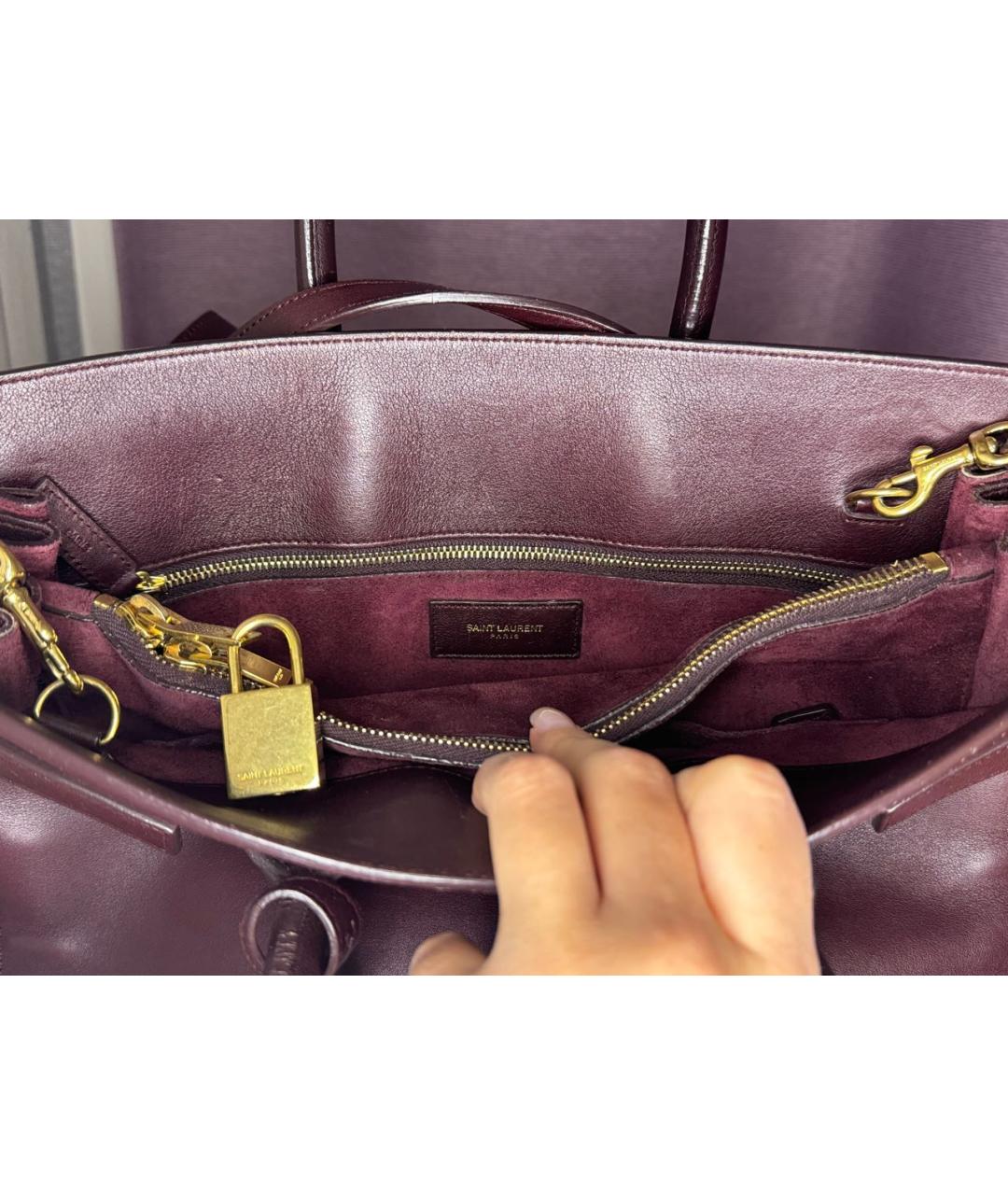 SAINT LAURENT Бордовая кожаная сумка тоут, фото 3