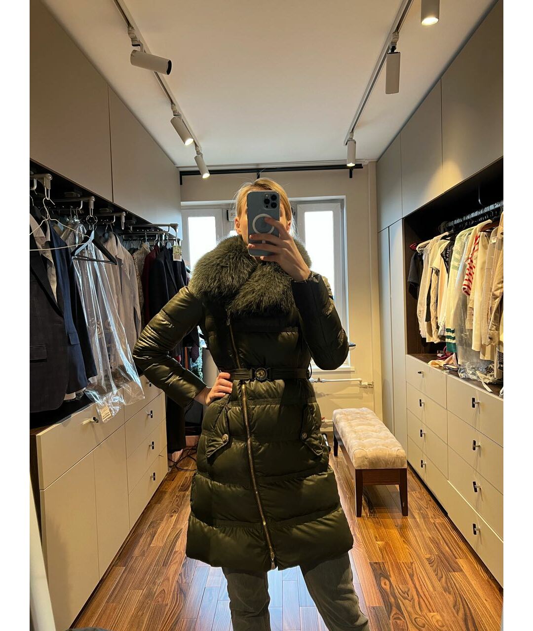 VERSACE COLLECTION Хаки полиэстеровый пуховик, фото 7