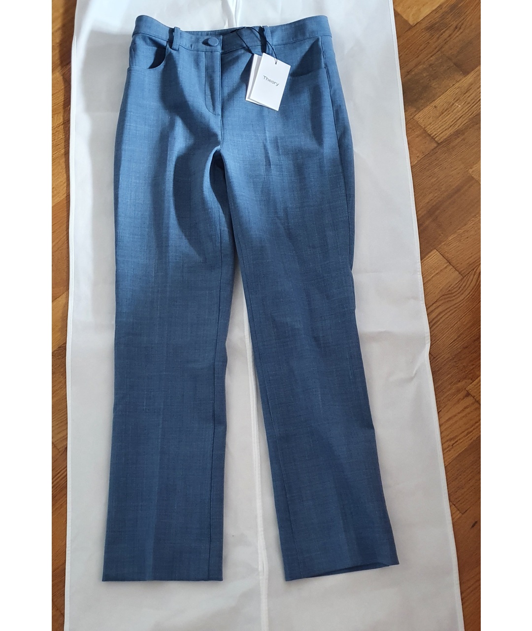 THEORY Голубые шерстяные прямые брюки, фото 8