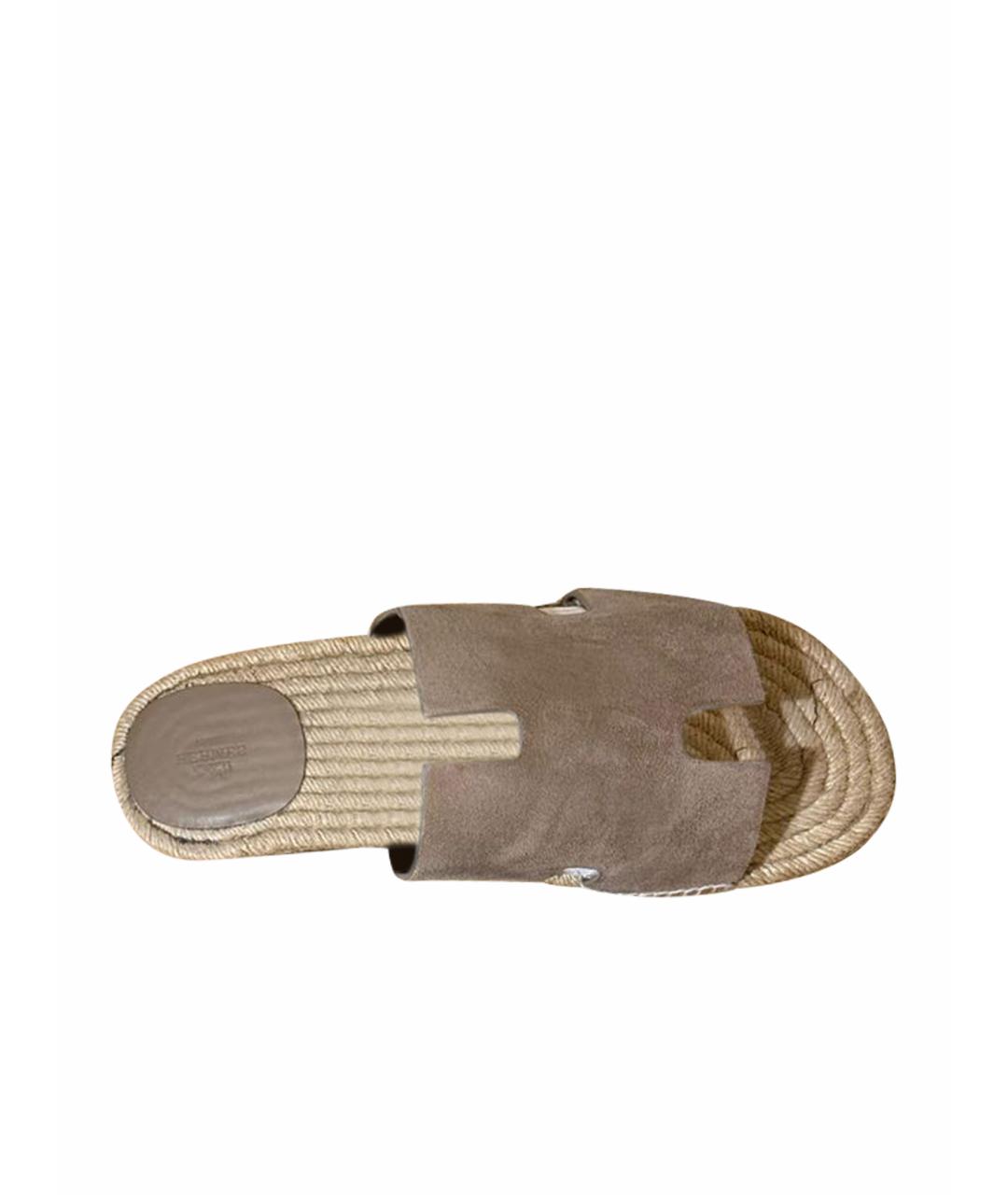 HERMES Бежевые замшевые шлепанцы, фото 1