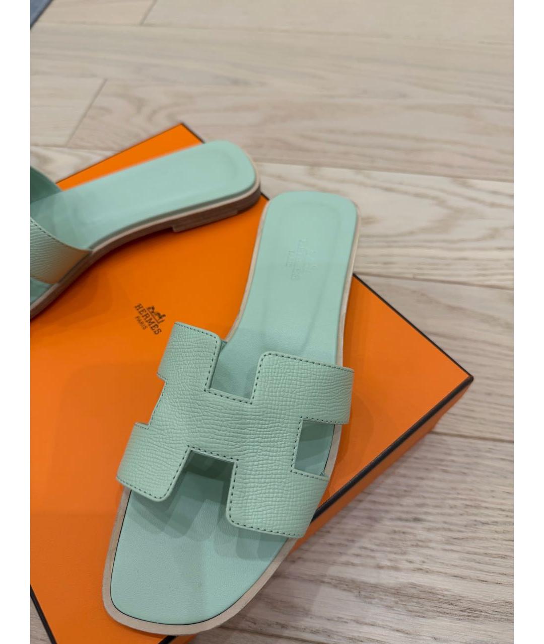 HERMES Бирюзовые кожаные шлепанцы, фото 6