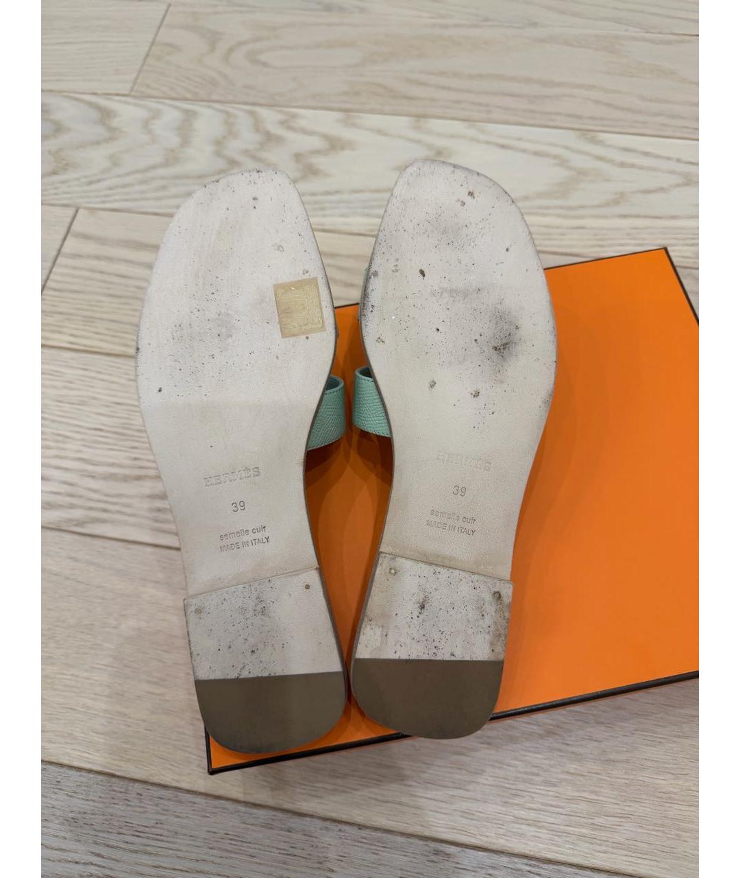 HERMES Бирюзовые кожаные шлепанцы, фото 5