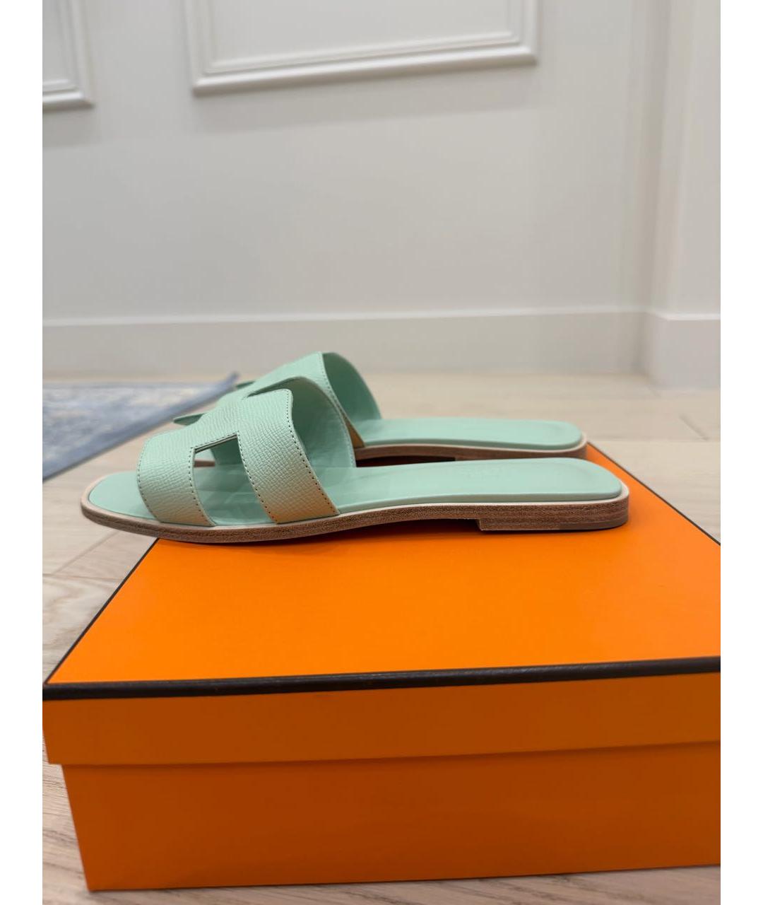 HERMES Бирюзовые кожаные шлепанцы, фото 7
