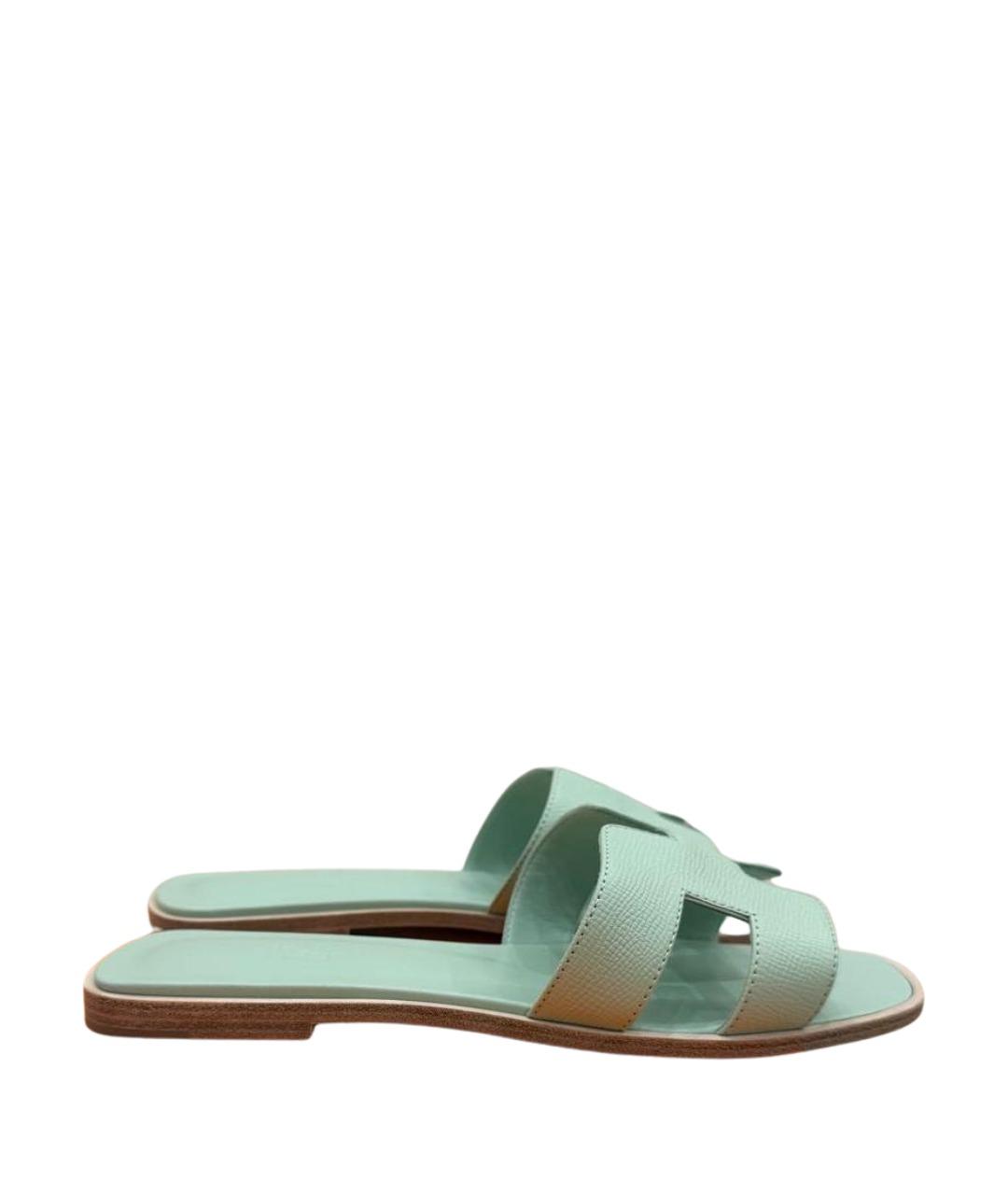 HERMES Бирюзовые кожаные шлепанцы, фото 1